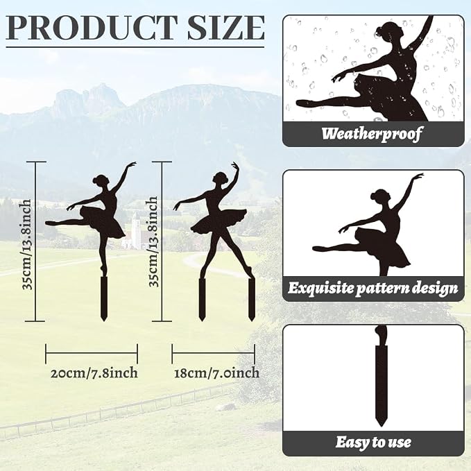 WADORN 2Pcs Ballet Girl Metal Decorative Garden Stakes, Black Ballet Dancer Silhouette Outdoor Statues Rustic Garden Ornament Gifts Yard Art Decoration Stake for Outdoor Backyard Patio Lawn Walkway