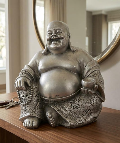 Bellaa Laughing Buddha Statue - 6 Inch Feng Shui Happy Monk Budai Hotei Figurine for Wealth, Luck & Happiness - Chinese Buddhist Zen Decor Silver Finish Resin 25761