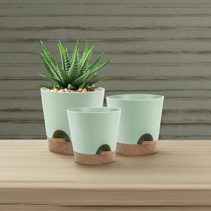 YNNICO Indoor Self Watering Planters with Drainage Holes and Saucers, 9,8, 7.5 Inches, Green, 3 Pots (Springgreen)