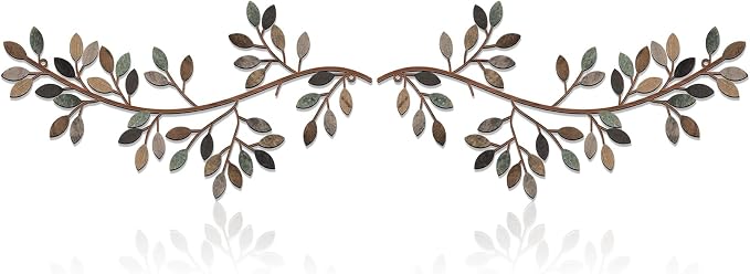 Hotop 2 Pieces Metal Tree Leaf Wall Decor Vine Olive Branch Leaf Wall Art Wrought Iron Scroll Sculptures Above the Bed, Living Room, Outdoor Decoration(Classic Style,Classic Color)