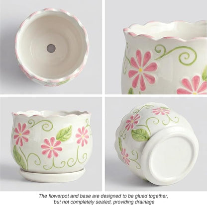 STHIE Pink Ceramic Flower Pots, 4"+5.2"+6.6" Inch Small Flower Pots for Indoor Plant with Drainage Hole,Modern Decorative Plant Pots Set of 3, Indoor Planters with Saucer