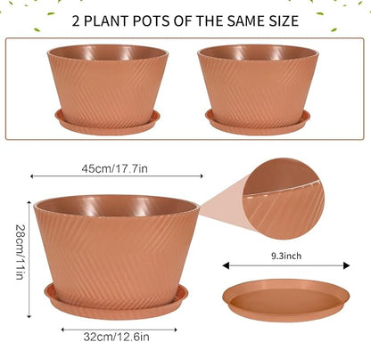Set of 2-18 Inch Large Planter Set Includes a Pot with Round Drainage Holes and a Tray, Suitable for Tall Plants and Flowers. Extra-Large Outdoor Terracotta-Colored Plastic Planter