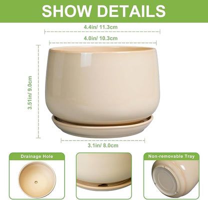 G EPGardening 4 inch Plant Pots - Ceramic Planter with Drainage Hole & Saucer, Small Plant Pots for Indoor Outdoor, Round Succulent Pot, Modern Decorative Flower Pot, Desk Decor, Garden Gifts, Beige