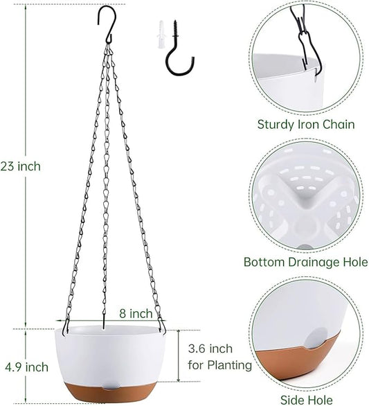 Set of 2 Hanging Planters for Indoor Outdoor Plants, 8 Inch Self-Watering Hanging Flower Pots with Drainage Hole & Removable Water-Storage Tray (Hooks)