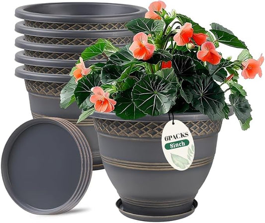 Usocik 8 Inch Plaid Plant Pots 6 Pack with Drainage and Saucers Gold | Gold plaid PP pots with drainage holes and saucers for herbs succulents starter plants shelves windowsills