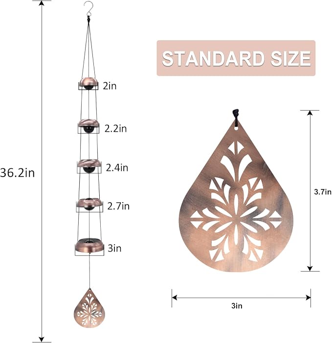 36" Copper Temple Wind Chimes with 5 Bells, Melodious Zen Feng Shui Wind Bells for Outside, Memorial Wind Chime Sympathy Gift with Unique Teardrop Floral Sail, Decorative Garden Decor for Yard Patio