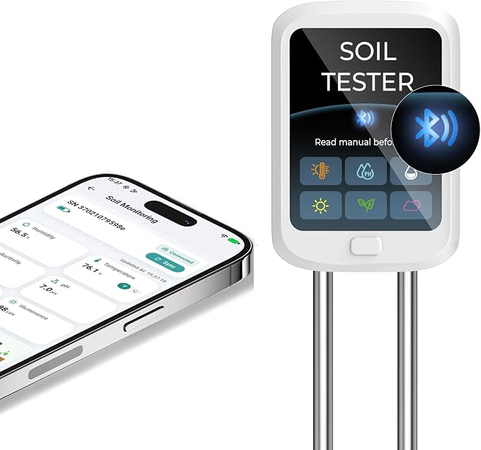 6-in-1 Soil Test Kit, pH/Humidity/Moisture/Temperature/Conductivity/Illuminance Soil Meter for Indoor & Outdoor, Soil Tester with Bluetooth Connectivity, Garden Tools for Plant Lover