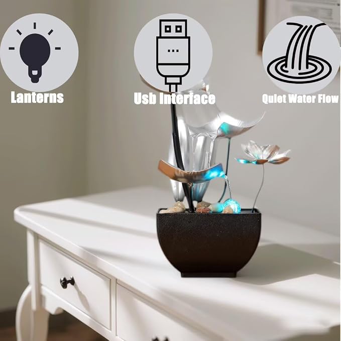 Tabletop Fountain Fountain Water Feature for Zen Home Decor: Deep Basin & Natural River Rocks - Zen Relaxation for Office, Living Room Silver