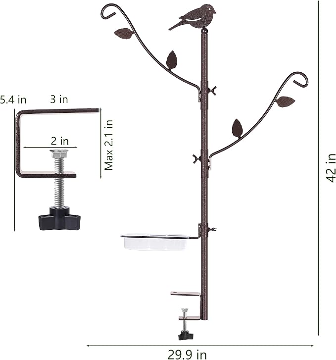 YINGYM Deck Bird Feeder Pole Porch Multi-Hooks Hanging Kit for Outside with Two Adjustable Branches, Water Bowl, Bird Feeder Planter Hanger