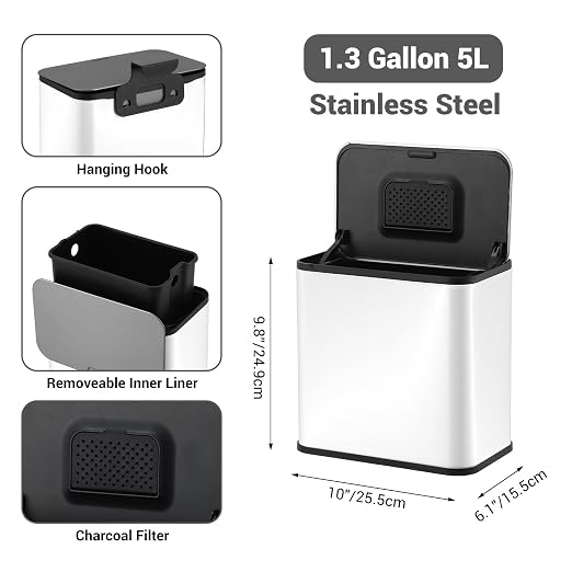 1.3 Gallon/5L Slim Stainless Steel Trash Can with Lid, Odor Control Charcoal Filter, Removable Bucket, Hanging/Wall Mounted/Standing Waste Bin for Kitchen, Bathroom, Bedroom, Office - White