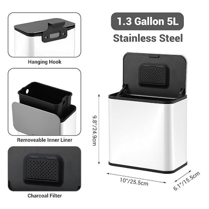 1.3 Gallon/5L Slim Stainless Steel Trash Can with Lid, Odor Control Charcoal Filter, Removable Bucket, Hanging/Wall Mounted/Standing Waste Bin for Kitchen, Bathroom, Bedroom, Office - White