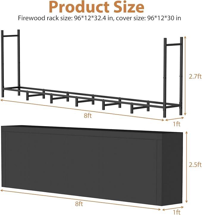 CADUKE 8ft Firewood Rack with Cover, Heavy Duty Fire Wood Rack Outdoor & Indoor, Firewood Storage Log Rack with Weather Resistant 600D Oxford Fabric Cover
