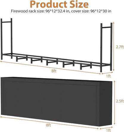 CADUKE 8ft Firewood Rack with Cover, Heavy Duty Fire Wood Rack Outdoor & Indoor, Firewood Storage Log Rack with Weather Resistant 600D Oxford Fabric Cover