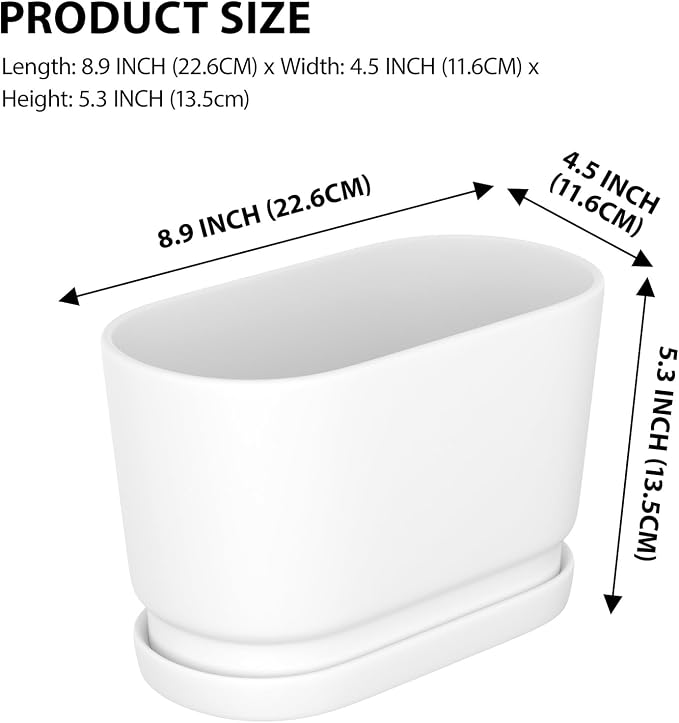 8.9" Rectangular Ceramic Planter with Drainage and Saucer, White | Indoor Outdoor Use, 8.9"L x 4.5"W x 5.3"H, Modern Home Decor, Window Box Planter, Matte White