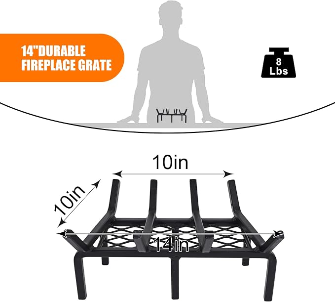 14 Inch Fireplace Grate with Ember Retainer,Cast Iron Fireplace Log Grate,Fireplace Log Holder,Heavy Duty Solid Steel Fireplace Wood Holder,Wood Stove Wrought Rack for Indoor Outdoor