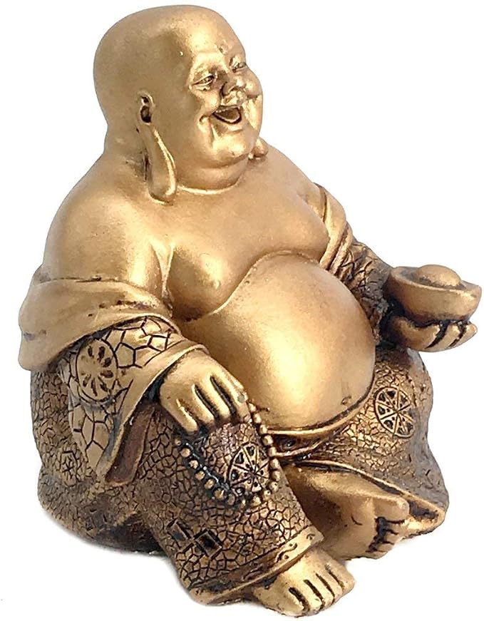 Bellaa Laughing Buddha Statue - 6 Inch Feng Shui Happy Monk Budai Hotei Figurine for Wealth, Luck & Happiness - Chinese Buddhist Zen Decor Copper Gold Finish Resin 21770