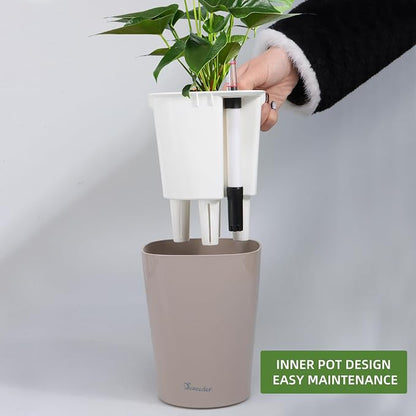 Dexceder 6x7 Self Watering Planter (Taupe) | High Gloss Table Flower Plant Pot with Water Level Indicator Indoor Outdoor
