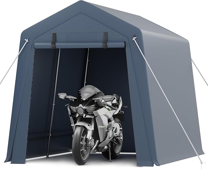 7x12 ft Outdoor Storage Shed, Portable Carport with Roll-up Ventilated Zipper Door and Windows, Heavy Duty Waterproof Tarp, Storage Sheds for Motorcycle, Bike, Firewood, Garden Tools