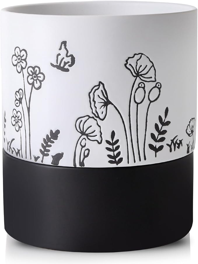 Nihow Self Watering Pots for Indoor Plants,6 Inch,White,Hand Painting | Ceramic Planter, Drainage Hole & Water Storage Plus, Cylinder Round Flower Pot, For Succulent/Herbs/Violets