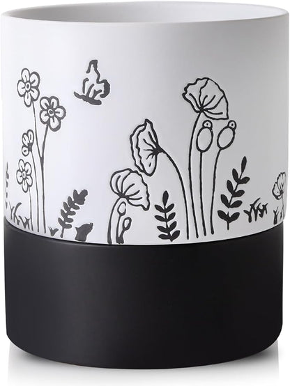 Nihow Self Watering Pots for Indoor Plants,6 Inch,White,Hand Painting | Ceramic Planter, Drainage Hole & Water Storage Plus, Cylinder Round Flower Pot, For Succulent/Herbs/Violets