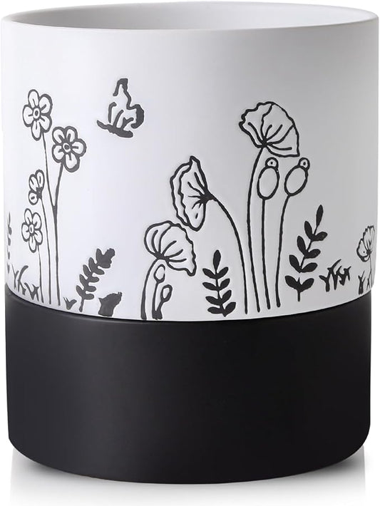 Nihow Self Watering Pots for Indoor Plants,6 Inch,White,Hand Painting | Ceramic Planter, Drainage Hole & Water Storage Plus, Cylinder Round Flower Pot, For Succulent/Herbs/Violets