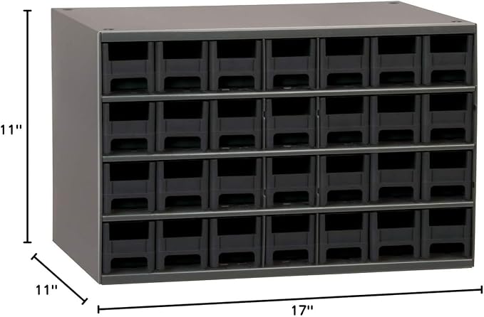 Akro-Mils Steel Garage Storage Cabinet, Small Parts Organizer Metal Cabinet for Hardware, Nails, Screws, Bolts, Nuts, and More, 17" W x 11" D x 11" H, 28-Drawer, Gray Cabinet/Black Drawers (19228)