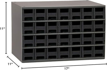 Akro-Mils Steel Garage Storage Cabinet, Small Parts Organizer Metal Cabinet for Hardware, Nails, Screws, Bolts, Nuts, and More, 17" W x 11" D x 11" H, 28-Drawer, Gray Cabinet/Black Drawers (19228)