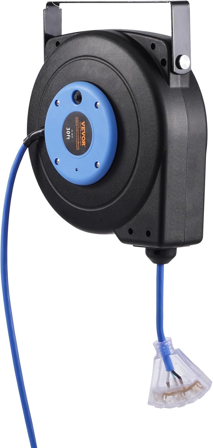 VEVOR Retractable Extension Cord Reel, 30 FT, Heavy Duty 16AWG/3C SJTOW Retractable Power Cord Reel with Lighted Triple Tap Outlet 10 Amp Circuit Breaker, for Ceiling or Wall Mount, Blue