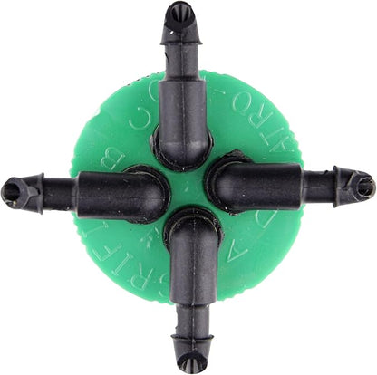Raindrip QB20UB, Cuatro-Flo® Four-Outlet Bubbler, Drip Irrigation Emitters for Drip Irrigation Gardening Systems, 20 GPH Per Outlet, 1/2-Inch FPT Inlet, Black/Green