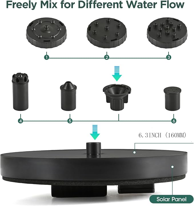 1.4W Solar Bird Bath Fountain Pump, Solar Fountain, Solar Powered Water Pump, Outdoor Water Fountain with 6-in-1 Nozzles, Free Standing Floating Solar Powered for Bird Bath, Pond, Pool, Outdoor