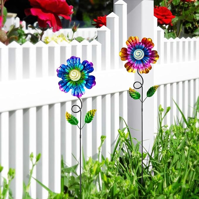 Metal Flowers for Outside, 2 Pack 25'' Flower Decorative Garden Stakes for Spring Yard Decor, Flower Metal Yard Art for Porch Fence Patio Garden Decor (Yellow & Purple)