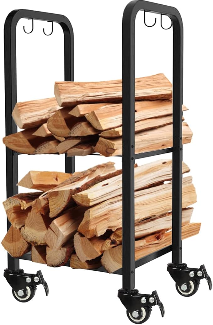 2-Tier Fireplace Firewood Rack Holder for Indoor Outdoor, Small Fire Wood Holder Log Storage Stacker Stand for Patio, Black(With Wheels)