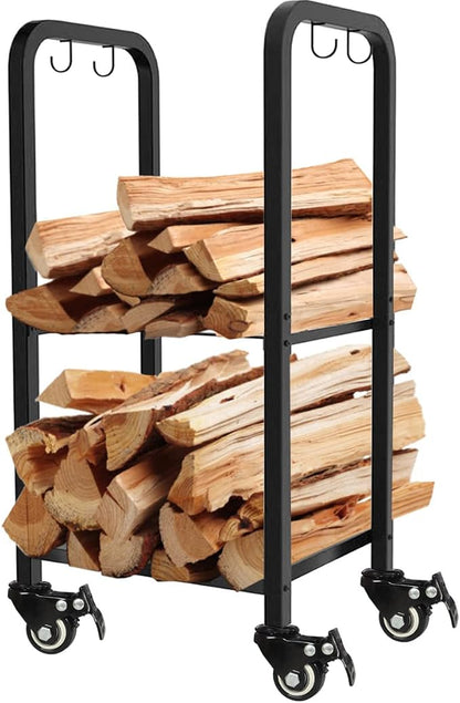 2-Tier Fireplace Firewood Rack Holder for Indoor Outdoor, Small Fire Wood Holder Log Storage Stacker Stand for Patio, Black(With Wheels)