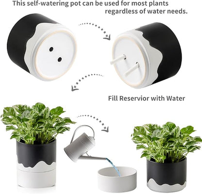 Nihow Ceramic Self Watering Plant Pot for Indoor Plants,6 Inch,Black White | Planter with Cotton Wick, Drainage Hole & Water Storage Plus, Cylinder Round Flower Pot, For Succulent/Herbs/Violets