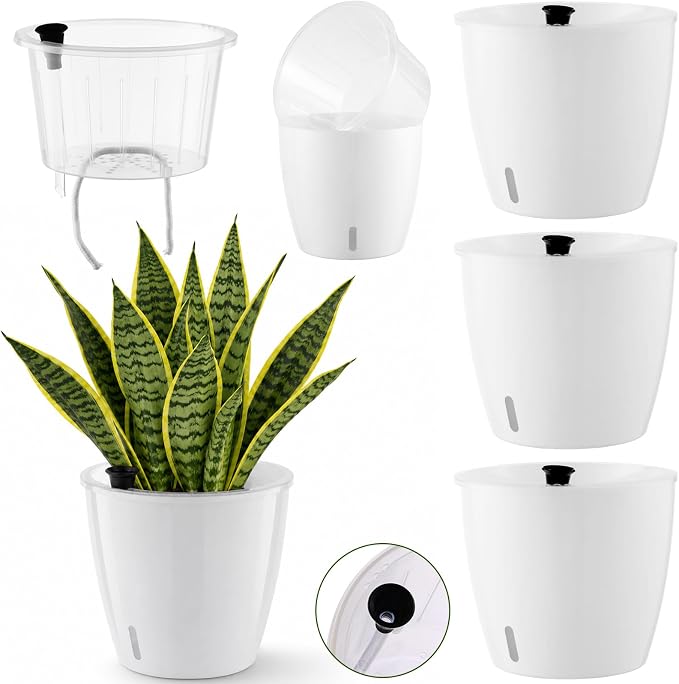 Upgraded Self Watering Pots for Indoor Plants, 3-Pack 6.7 Inch Top-Fill Self Watering Planter with Water Window, Orchid Pots, Clear Wick Inner Basket with Drainage, White