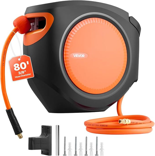 VEVOR Retractable Air Hose Reel, 3/8 Inch x 80 FT Hybrid Air Hose Max 300PSI, Enclosed Air-Compressor Hoses Reel Auto Rewind with 6.6 ft Lead in, 180° Swivel Ceiling/Wall Mount for Workshops
