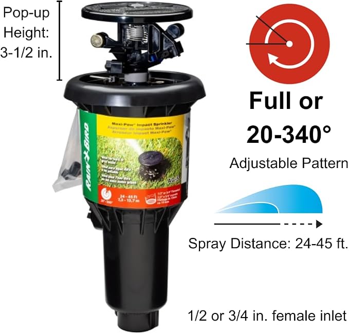 Rain Bird AG-5 All Gallonage Pop-Up Impact Sprinkler, Adjustable 20° - 360° Pattern, 24' - 45' Spray Distance