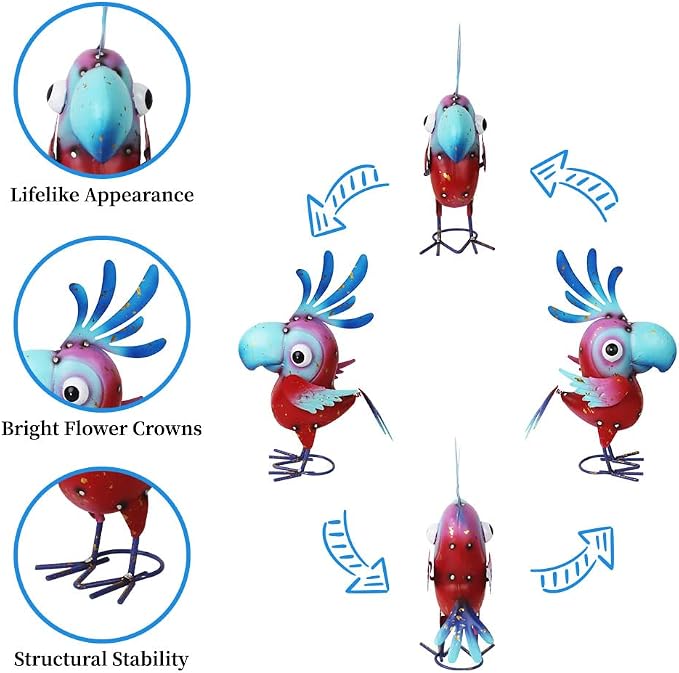 Metal Parrot Statue Outdoor Garden Decor,15" Bird Decor Yard Statue Decorations Outdoor,Funny Parrot Sculpture for Patio, Lawn, Backyard(Pink and Blue)