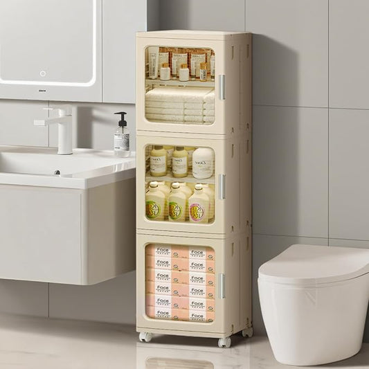 3-Tier Slim Bathroom Storage Cabinet for Small Space,Beige | Quick Assembly,Foldable,Plastic Organizers,Magnetic Doors,Adjustable Shelves,Narrow Storage Cabinet,Wheels