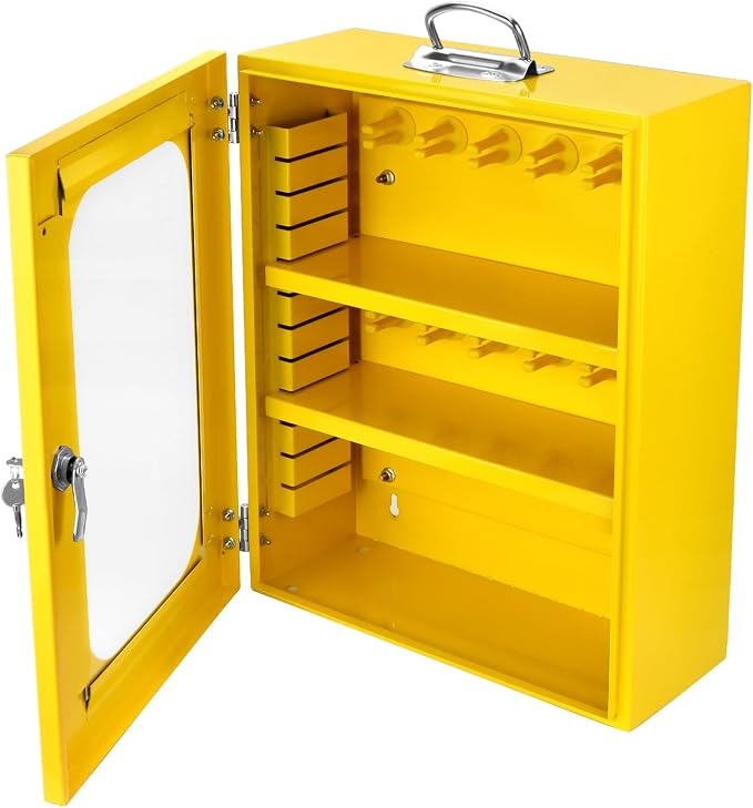 QWORK Lockout Tagout Cabinet, Heavy Duty Station Cabinet with Clear Door & Lock,Wall Mounted Box Cabinet, Steel Construction, Large Capacity Storage for Machine Service, Yellow