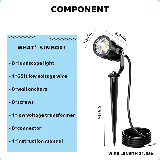 Low Voltage Landscape Lighting Kit, 8 Pack 5W LED Spotlight, 550LM IP65 Waterproof Outdoor Lights with Timer Function Transformer, 65FT Cable 2700K for Garden Yard Path