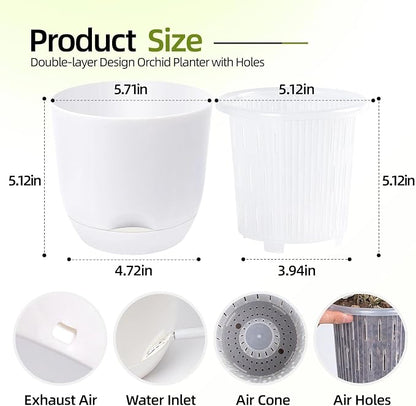 5.7Inch White Orchid Pots with Holes for Repotting, Double-Layer Plastic Self Watering Flower Pots for Indoor Plants with Drainage Holes, Clear Orchid Pot Match Decorative Orchid Container, 3 Packs