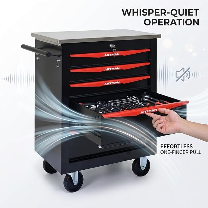 5-Drawer Rolling Tool Chest, Lockable Stainless Worktop for Garage,Black | Heavy Duty Metal Tool Cabinet with Drawers on Wheels for Warehouse and Workshop Storage