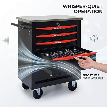 5-Drawer Rolling Tool Chest, Lockable Stainless Worktop for Garage,Black | Heavy Duty Metal Tool Cabinet with Drawers on Wheels for Warehouse and Workshop Storage