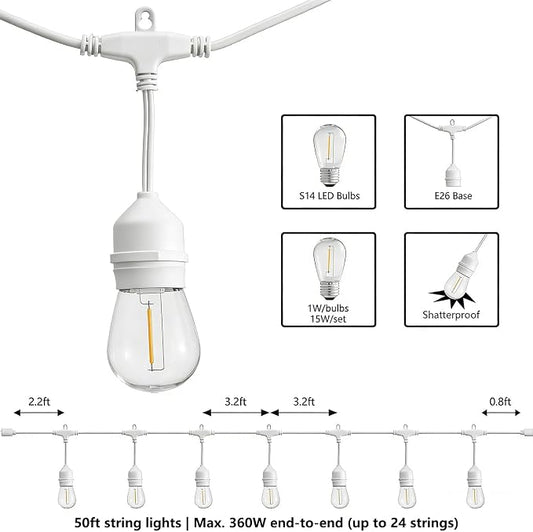 SUNTHIN 50FT Outdoor White String Light with 16 1W LED Shatterproof Filament Bulb for Patio Lights, Backyard, Porch, Party Lights