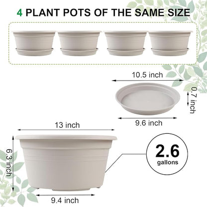 Large 4 Pack 13 inch Plant Pots, Round Plastic Pots for Plants, Outdoor Planters with Drainage Hole & Tray Saucer, Decoration Large Flower Pots for Indoor Outdoor Garden Home Plants (Gray White)