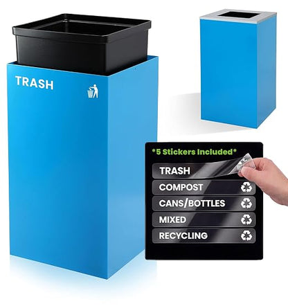 Alpine Commercial Indoor Recycle Bin - 29 Gallon Blue Recycle Bin Recycle Trash Can Office Recycling Bins, Metal Recycling Container with Stickers & 3 Optional Lids (lid Sold Separately)