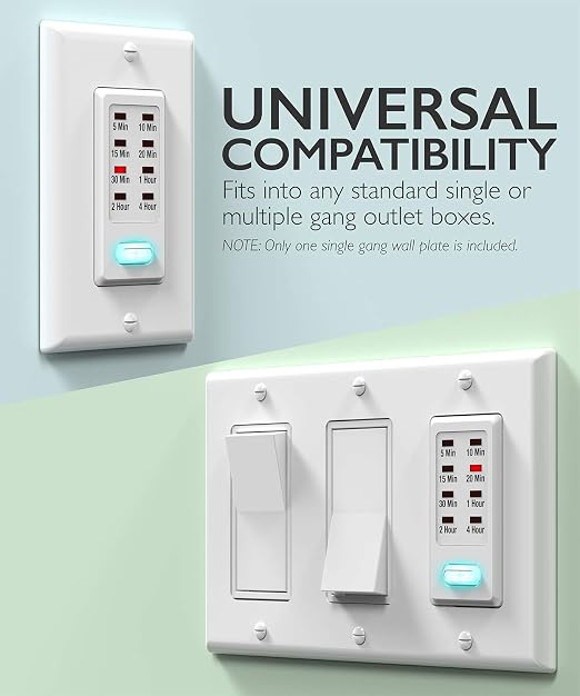 Fosmon Countdown Light Timer Switch for Bathroom, Heaters, 5-10-30-60 Min, 2-4 Hour Programmable in-Wall Timer Switch with 9 Settings 1875W, Neutral Wire Required, 2PACK, ETL Listed