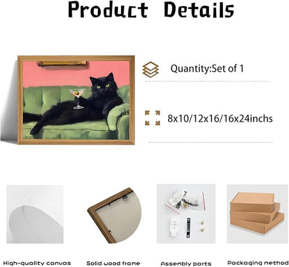 smvexyl Funny Black Cat Wall Art with Martini Glass, Eclectic Cocktail Cat Canvas Painting, Quirky Animal Bar Cart Decor for Kitchen Living Room Apartment Wall Decor Framed Artwork 24x16 Inch