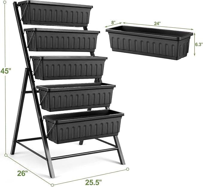Suyncll 2 Pack Vertical Raised Garden Bed, 5 Tiers Elevated Planter Box with Drainage System and 4 Hooks, 4FT Vertical Planter for Herbs Vegetables Flowers, Black